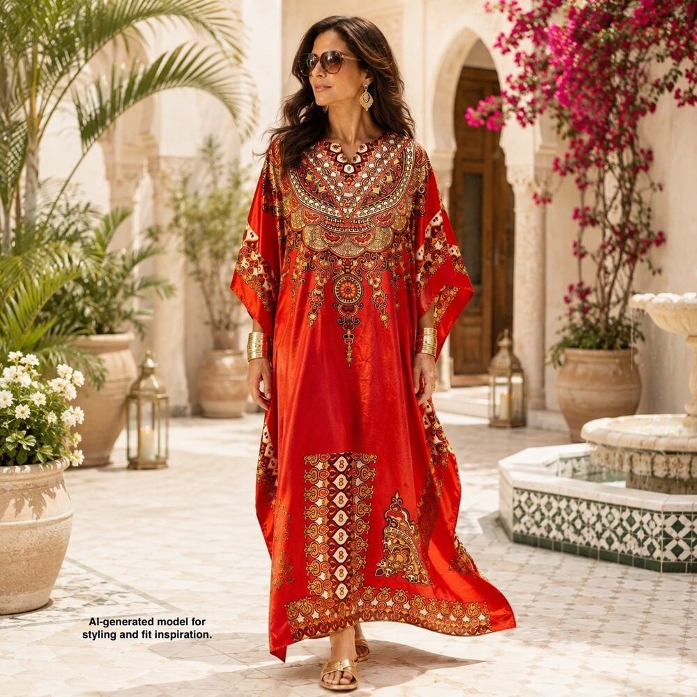 Ashro Kaftan Maxi Dress Boho Luxe Baroque Print Cruise Resort Free Size Red